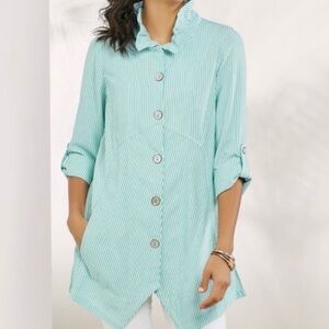 Soft Surroundings Sasha Striped Asymmetric Hem Coastal Tunic Teal & White SZ L